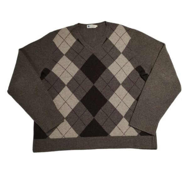Vintage J Crew Factory Brown Argyle Lambswool V-Neck Sweater XL - Picture 1 of 7